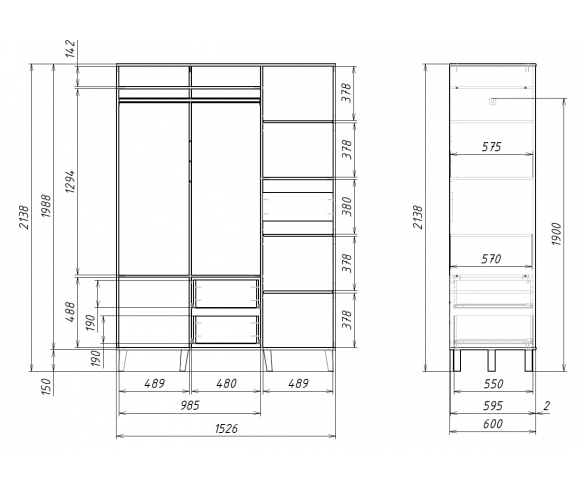 Схема с размерами 3-х дверного шкафа Квадро КД-03