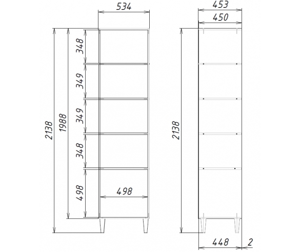 Схема с размерами узкого стеллажа Квадро КД-07