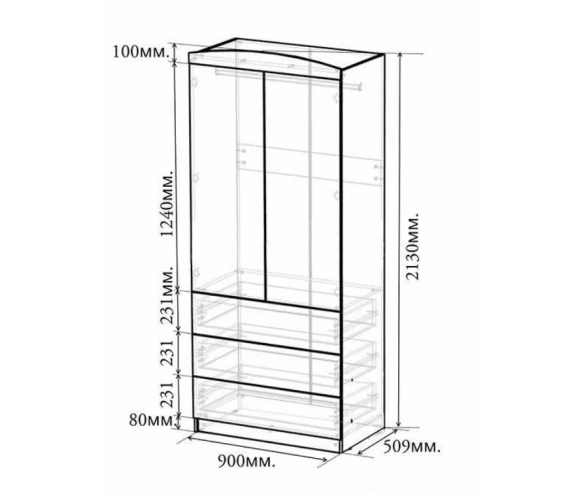 Схема с размерами 2-х дверного шкафа Сладкий Сон СС-08