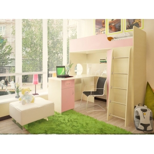 Детская кровать - чердак Орбита 3/1+ стол Орбита 3/2(дуб кремона/розовый) - Спальное место-190х80