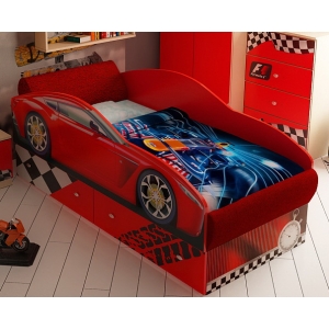 Кровать машина на подиуме Тесла с выдвижными ящиками и мягкими элементами