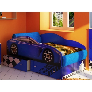 Детская кровать Тесла в виде машины на подиуме с мягкими элементами
