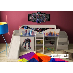 Кровать-чердак для мальчиков Трансформеры с игровой горкой и лестницей