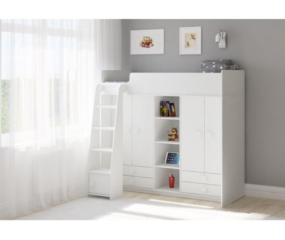 Кровать-чердак со шкафами Легенда в белом цвете