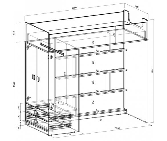 Размеры кровати-чердака со шкафом Легенда F604.3