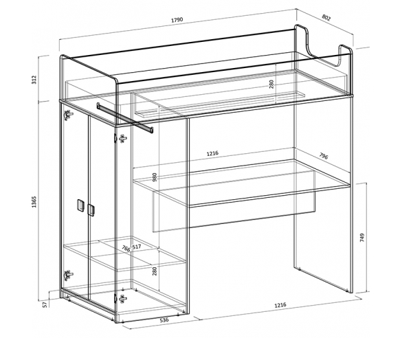 Схема кровати-чердака со шкафом и столом Легенда F606.3