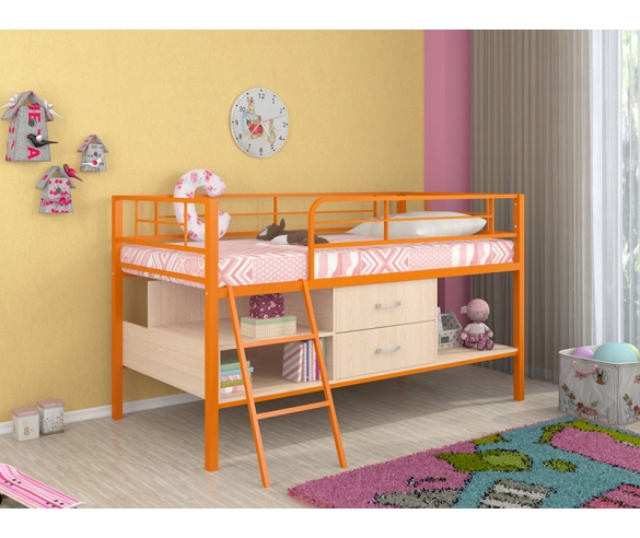 Кровать Севилья мини: корпус оранжевый, ящики в цвете Дуб Молочный