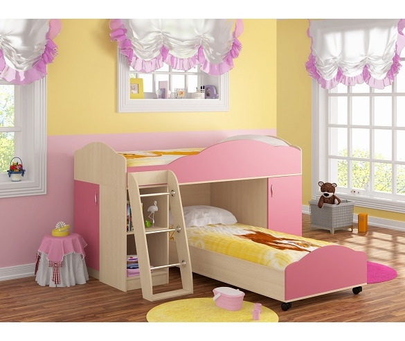 Кровать двухъярусная "Дюймовочка-5" Корпус: Дуб Молочный,Фасад: Розовый