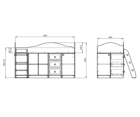 Кровать-чердак "Дюймовочка 5" с открытыми полочками,Схема