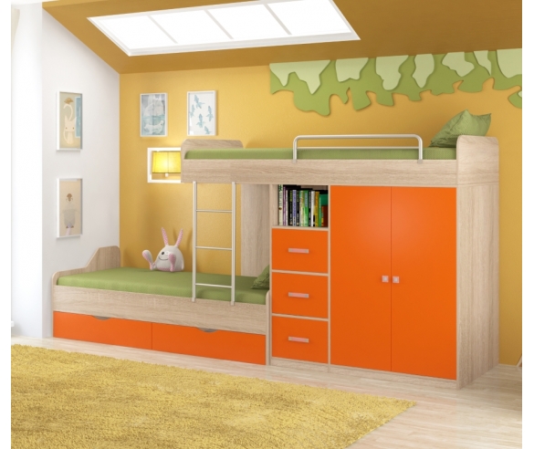 Кровать для двух детей Дельта дуб сонома/оранж