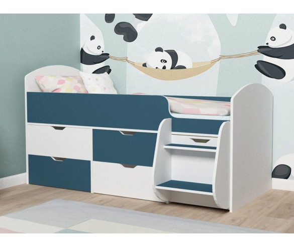 Кровать-чердак Малыш 7 в цвете Белый + Лазурь