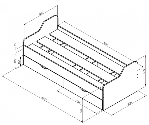 Схема с размерами одноярусной кровати Дельта