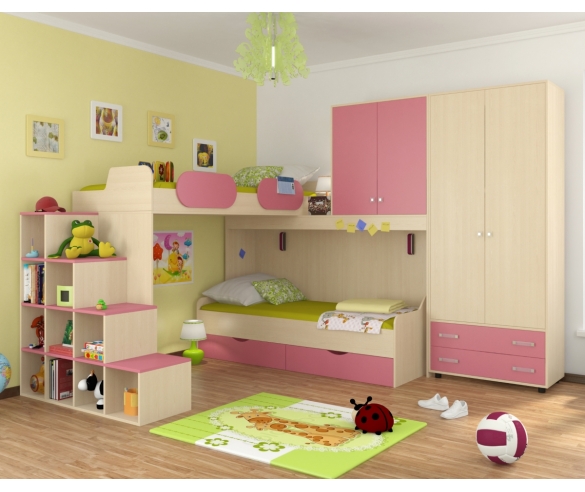 Детская комната с двухъярусной кроватью для девочек Дельта Дуб молочный/Розовый