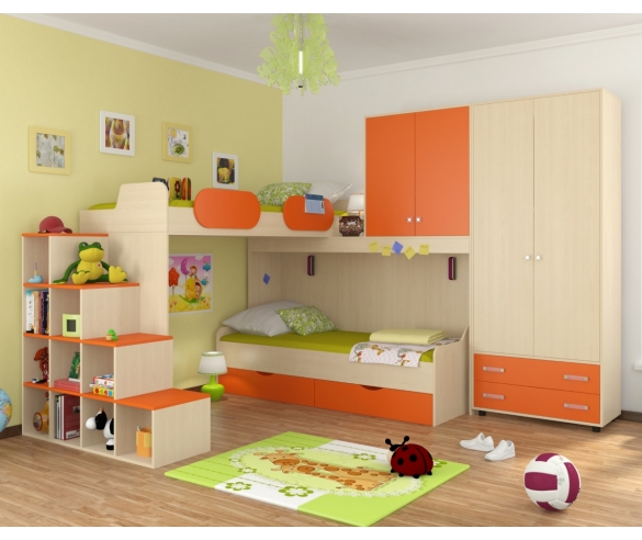 Детская комната с угловой кроватью Дельта Дуб молочный/Оранжевый