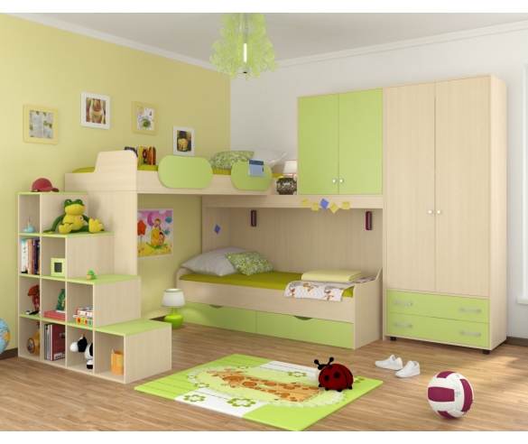 Детская комната с угловой кроватью Дельта Дуб молочный/Салатовый