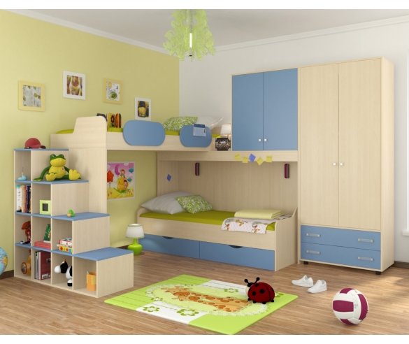 Детская комната с угловой кроватью Дельта Дуб молочный/Голубой