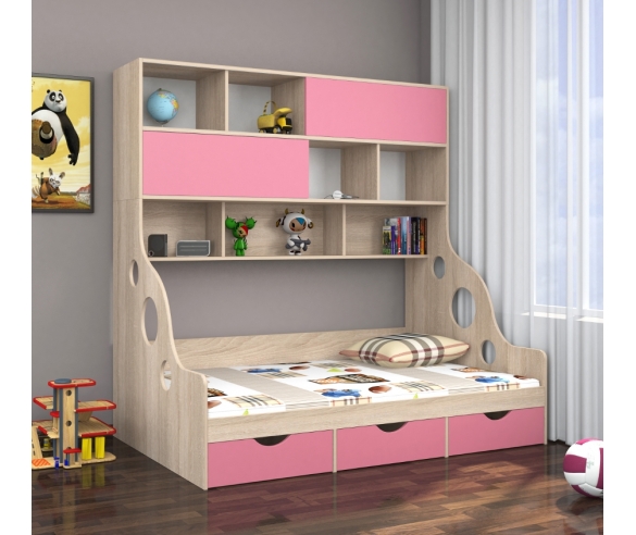 Кровать Дельта с расширенным спальным местом Дуб молочный/Розовый