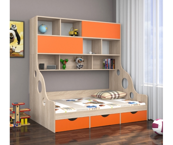 Кровать Дельта с расширенным спальным местом Дуб Молочный/Оранжевый