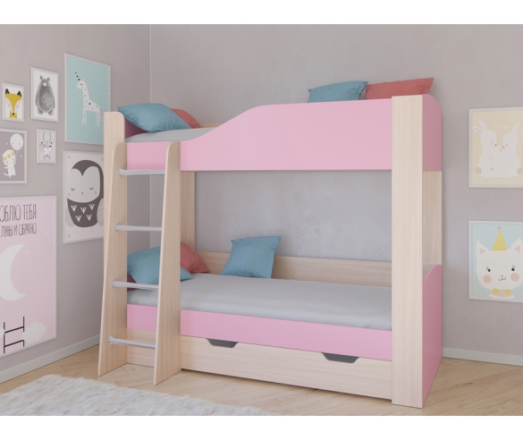 Детская двухъярусная кровать Астра 2 с ящиком, корпус дуб молочный/ фасад розовый
