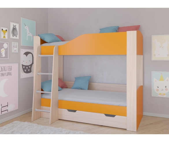 Детская кровать Астра 2 с ящиком, корпус дуб молочный/ фасад оранжевый