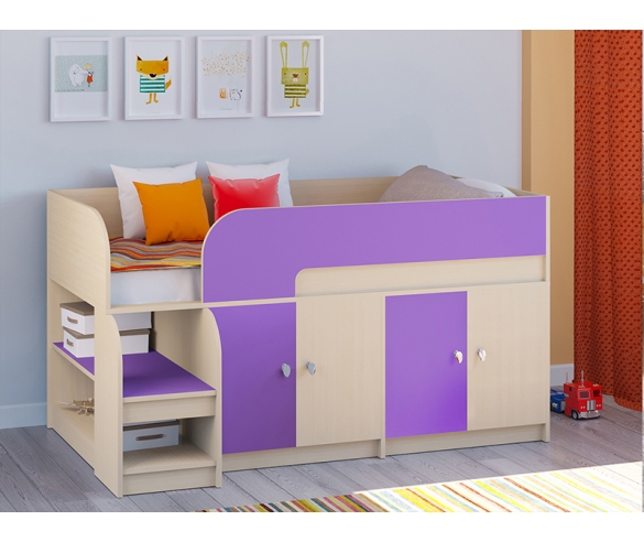 Детская кровать-чердак Астра 9 V2 с фасадами в фиолетовом цвете