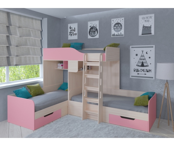 Кровать для троих детей Трио - розовый фасад, корпус Дуб Молочный