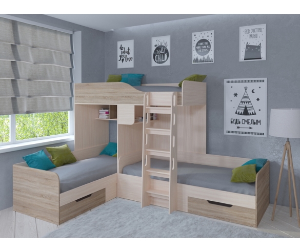 Кровать для троих детей Трио - фасад Сонома, корпус Дуб Молочный