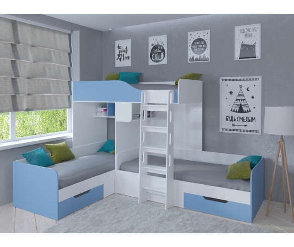 Кровать для трех мальчиков Трио, корпус белый / фасад голубой