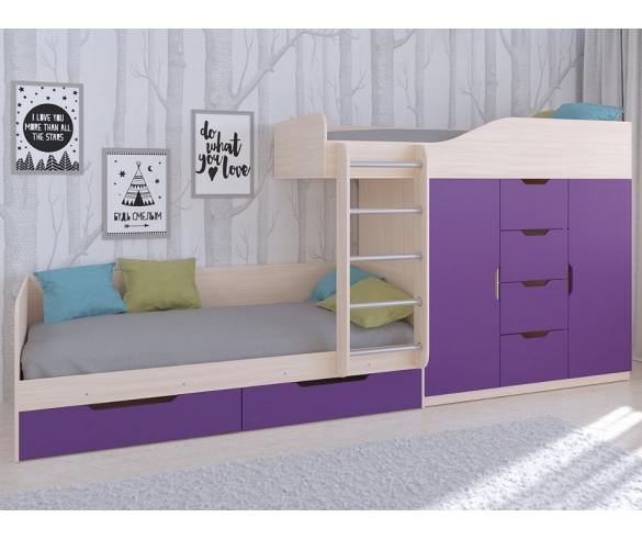 Кровать для двоих детей Астра 6 корпус дуб молочный / фасад фиолетовый