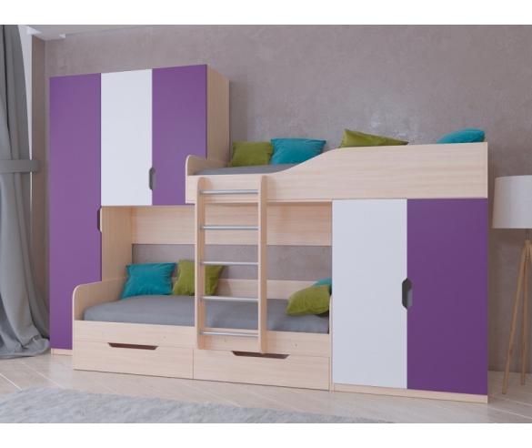 Двухъярусная кровать Лео корпус дуб молочный / фасад белый и фиолетовый