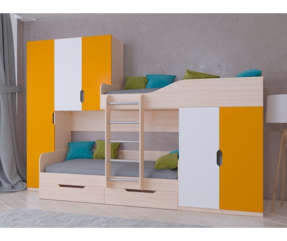Двухъярусная кровать Лео со шкафами корпус дуб молочный / фасад белый с оранжевым