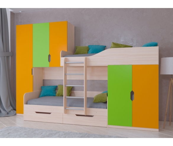 Двухъярусная кровать Лео корпус дуб молочный / фасад оранжевый с фиолетовым