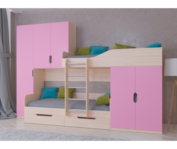 Кровать для двух девочек Лео - корпус дуб молочный, фасад розовый