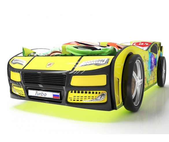 Кровать-машина Турбо желтая 2 вид спереди с колесами