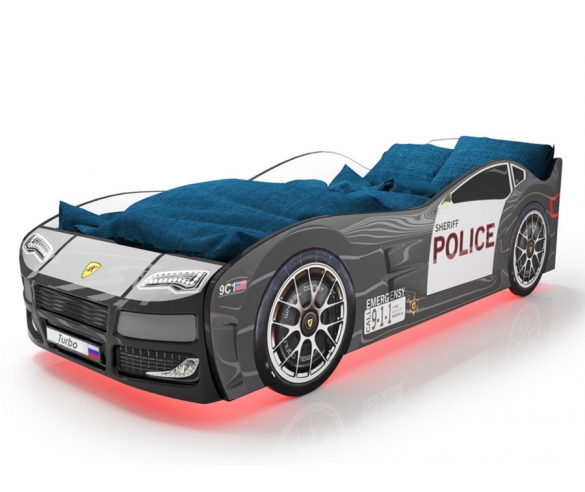 Детская кровать-машина Турбо Полиция 2 с подъемным механизмом вид сбоку без колес