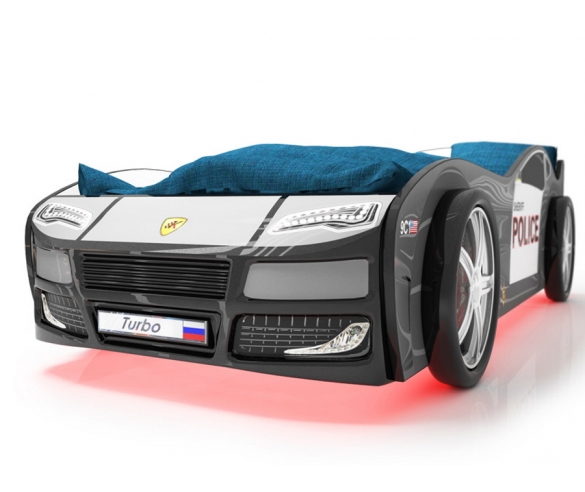 Детская кровать-машина Турбо Полиция 2 с подъемным механизмом вид спереди с колесами 