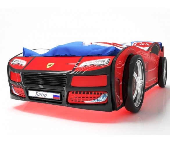 Кровать-машина Турбо красная вид спереди с колесами