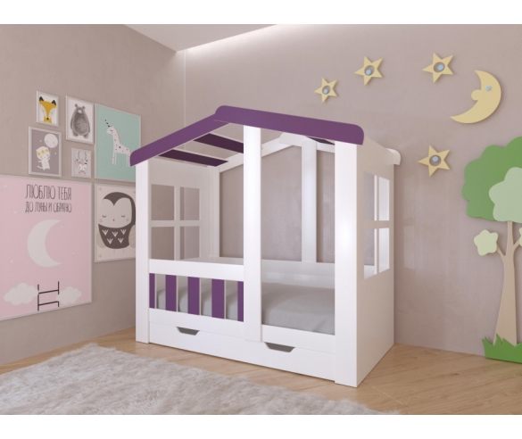 Детская кровать в виде Домика в белом цвете с фиолетовыми вставками