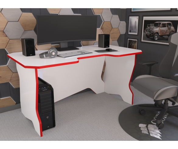 Игровой компьютерный стол для детей в белом цвете с красной кромкой
