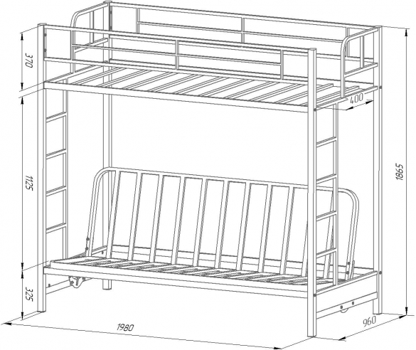 Кровать двухъярусная с диваном Мадлен схема с размерами