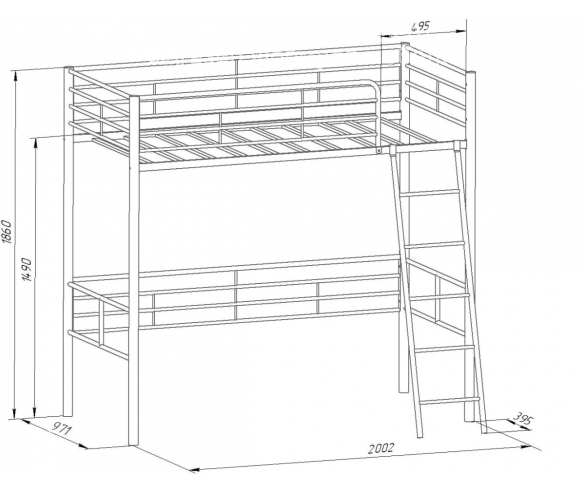 Кровать-чердак с нишей Севилья 5.01 Схема с размерами