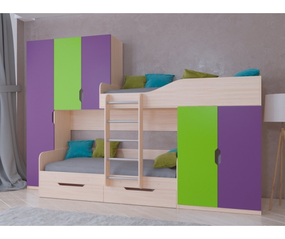 Кровать для двоих детей Лео - корпус дуб молочный, фасад фиолетовый с салатовым