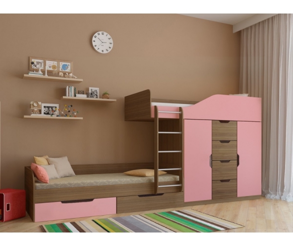 Кровать для двоих детей Астра 6 - корпус сонома, фасад розовый