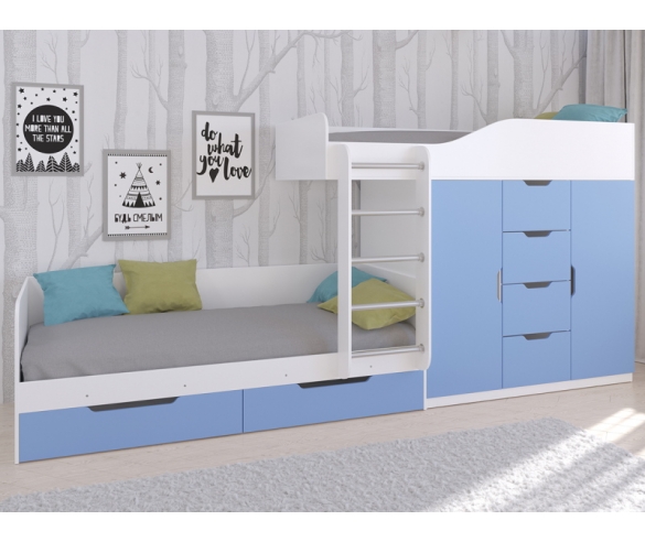 Кровать для двух мальчиков Астра 6 с зоной для хранения белый + голубой