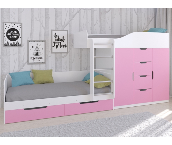Кровать для двоих детей Астра 6 с зоной для хранения белый + розовый