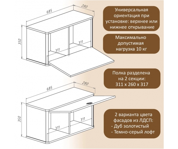 Полка Тэль в цвете Дуб золотистый схема с размерами