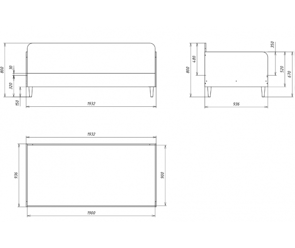 Схема с размерами кровати Квадро КД-01