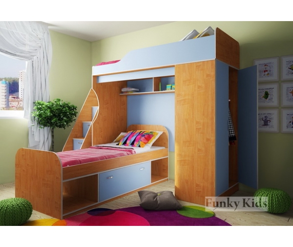 Кровать чердак Фанки Кидз - 11 корпус ольха / фасад голубой + тумба лестница + кровать с выкатным ящиком