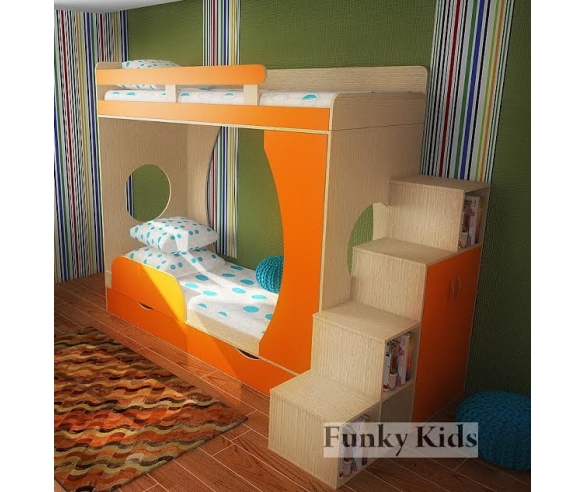 Детская кровать двухъярусная Фанки Кидз 2 с тумбой-лестницей и бортиком, цвет: дуб кремона / оранжевый