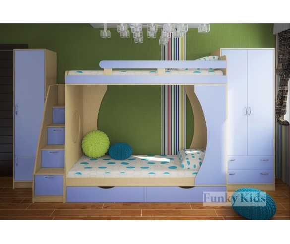 Комплект детской мебели Фанки Кидз: кровать двухъярусная 2 + тумба-лестница 13/8 + шкаф 13/3 + пенал 13/10, сосна лоредо / голубой